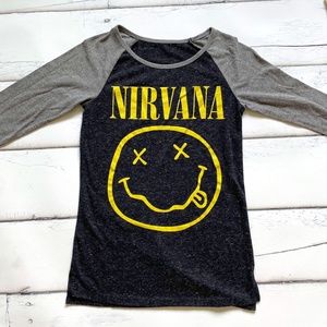 Nirvana Band Tee Tshirt 90's grunge Raglan Long sleeve shirt womens / juniors XS